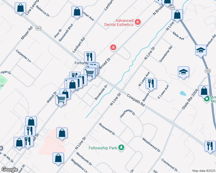 map of restaurants, bars, coffee shops, grocery stores, and more near 1 Brookside Drive in Lansdale