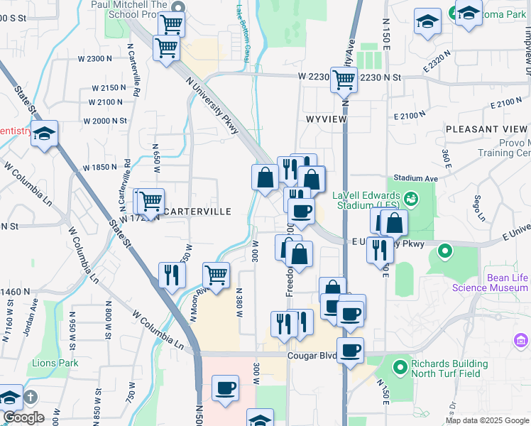 map of restaurants, bars, coffee shops, grocery stores, and more near 1675 Freedom Boulevard 200 West in Provo