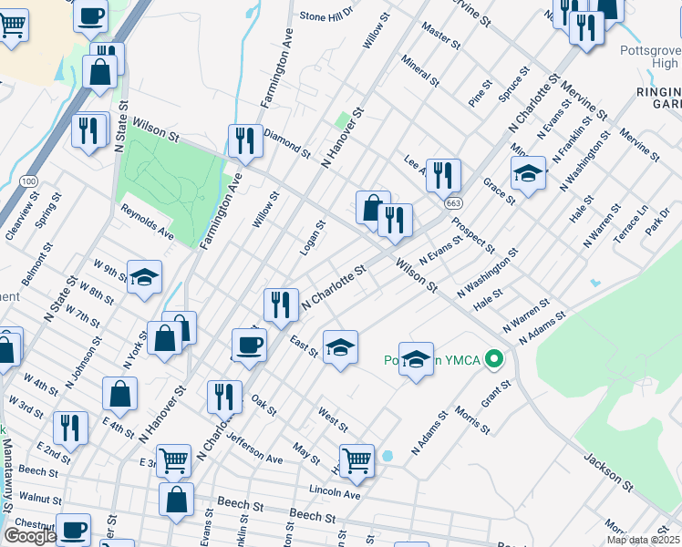 map of restaurants, bars, coffee shops, grocery stores, and more near 737 North Charlotte Street in Pottstown