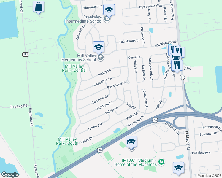 map of restaurants, bars, coffee shops, grocery stores, and more near 1480 Mill Park Drive in Marysville