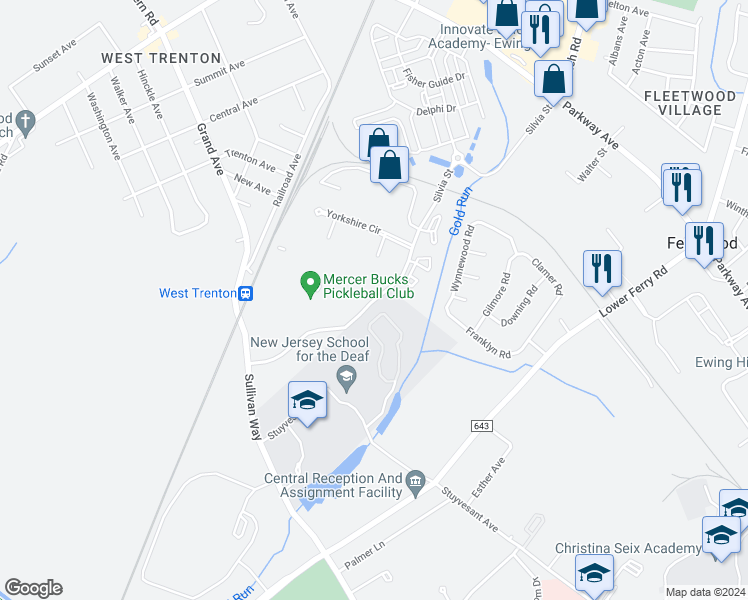 map of restaurants, bars, coffee shops, grocery stores, and more near 495 Silvia Street in Ewing Township
