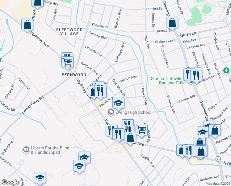map of restaurants, bars, coffee shops, grocery stores, and more near 2 Calvin Avenue in Ewing Township