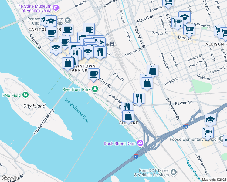 map of restaurants, bars, coffee shops, grocery stores, and more near 302 South 2nd Street in Harrisburg