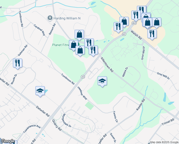 map of restaurants, bars, coffee shops, grocery stores, and more near 2 Newbury Way in Lansdale
