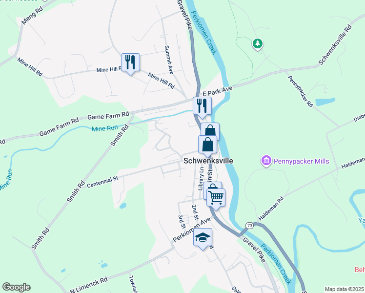 map of restaurants, bars, coffee shops, grocery stores, and more near 2311 Forest Lane in Schwenksville