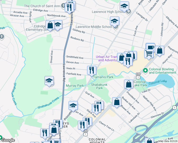 map of restaurants, bars, coffee shops, grocery stores, and more near 11 Irwin Place in Lawrence Township