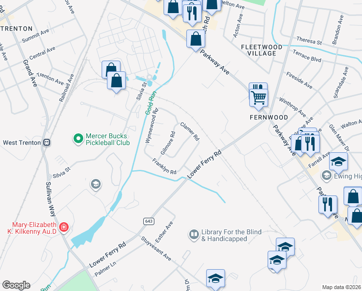map of restaurants, bars, coffee shops, grocery stores, and more near 26 Downing Road in Ewing Township