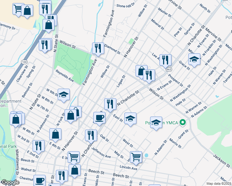 map of restaurants, bars, coffee shops, grocery stores, and more near 675 Spruce Street in Pottstown