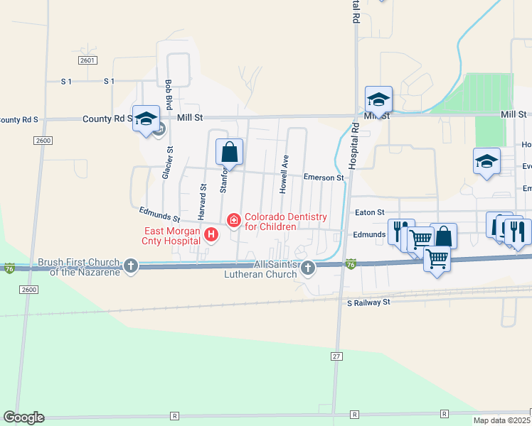 map of restaurants, bars, coffee shops, grocery stores, and more near 312 Howell Avenue in Brush