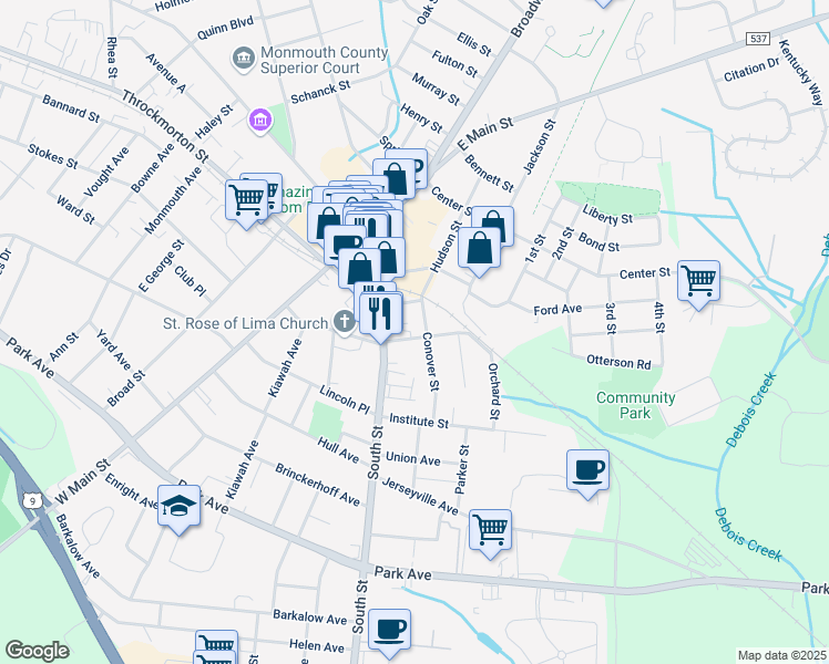 map of restaurants, bars, coffee shops, grocery stores, and more near 15 Marcy St in Freehold