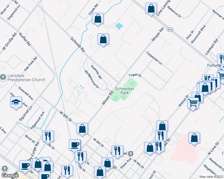 map of restaurants, bars, coffee shops, grocery stores, and more near 801 Wedgewood Drive in Lansdale