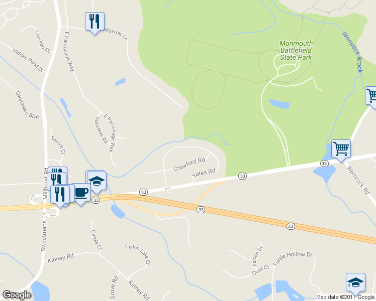 map of restaurants, bars, coffee shops, grocery stores, and more near 20 Yates Road in Manalapan Township