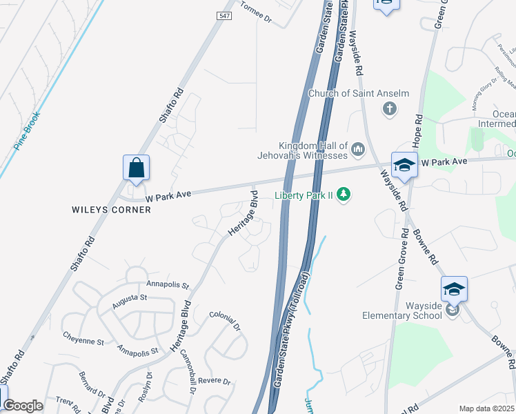 map of restaurants, bars, coffee shops, grocery stores, and more near 23 Saint Paul Court in Tinton Falls