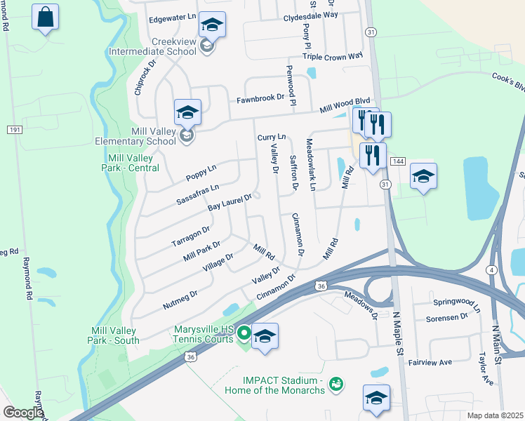 map of restaurants, bars, coffee shops, grocery stores, and more near 1500 Valley Drive in Marysville
