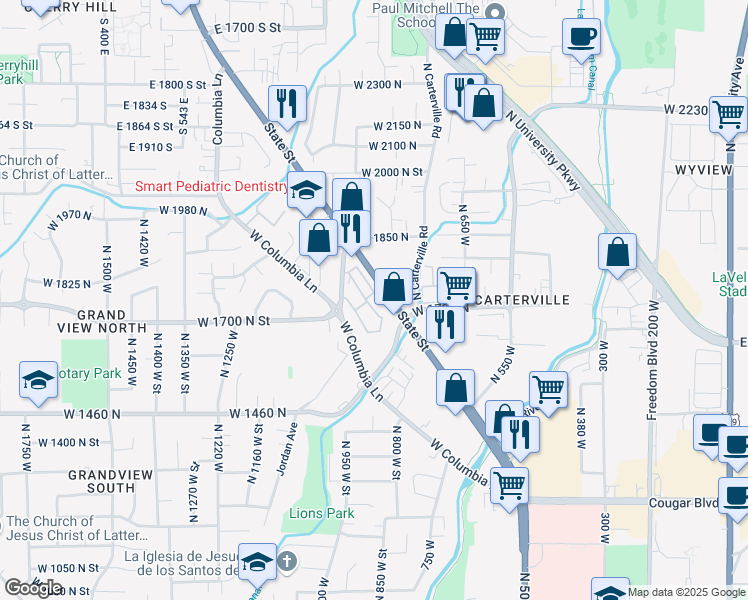 map of restaurants, bars, coffee shops, grocery stores, and more near 1661 Willowbrook Drive in Provo