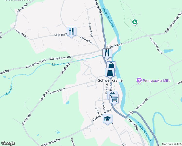 map of restaurants, bars, coffee shops, grocery stores, and more near 280 Walnut Street in Schwenksville