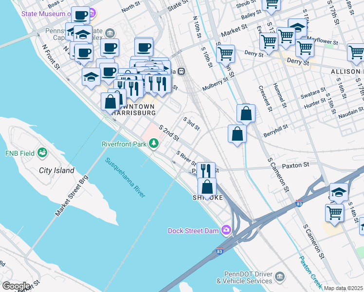 map of restaurants, bars, coffee shops, grocery stores, and more near 118 Washington Street in Harrisburg