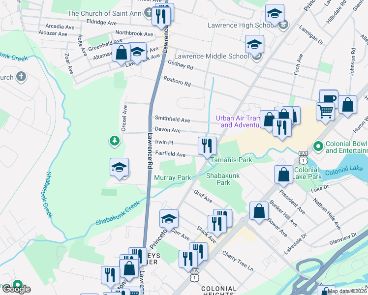 map of restaurants, bars, coffee shops, grocery stores, and more near 50 Fairfield Avenue in Lawrence Township