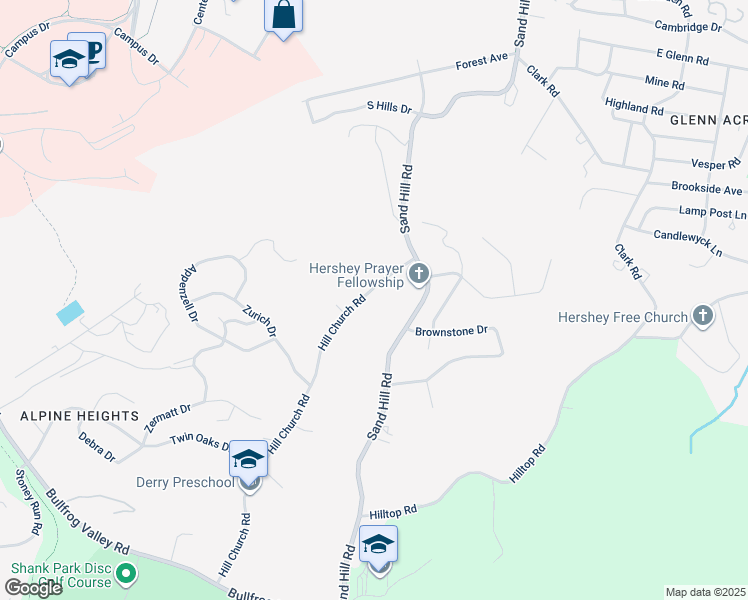 map of restaurants, bars, coffee shops, grocery stores, and more near 574 Hill Church Road in Hummelstown