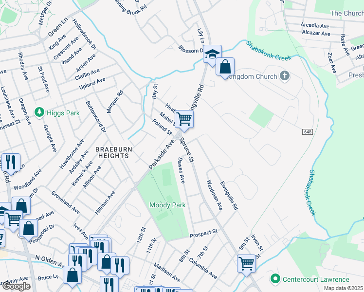 map of restaurants, bars, coffee shops, grocery stores, and more near 2324 Spruce Street in Ewing Township