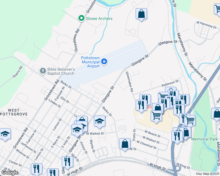 map of restaurants, bars, coffee shops, grocery stores, and more near 1003 Glasgow Street in Stowe