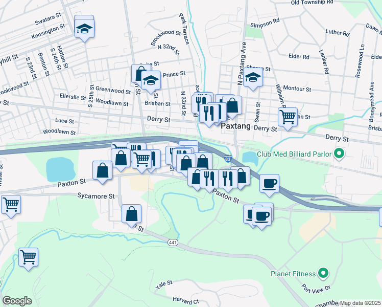 map of restaurants, bars, coffee shops, grocery stores, and more near 3227 Wayne Street in Harrisburg