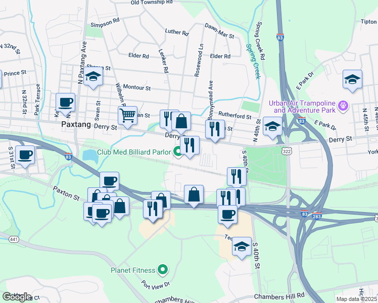 map of restaurants, bars, coffee shops, grocery stores, and more near 3818 Sherwood Street in Harrisburg