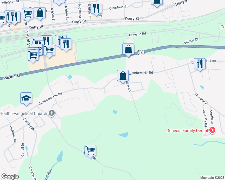 map of restaurants, bars, coffee shops, grocery stores, and more near 7191 Audubon Drive in Harrisburg