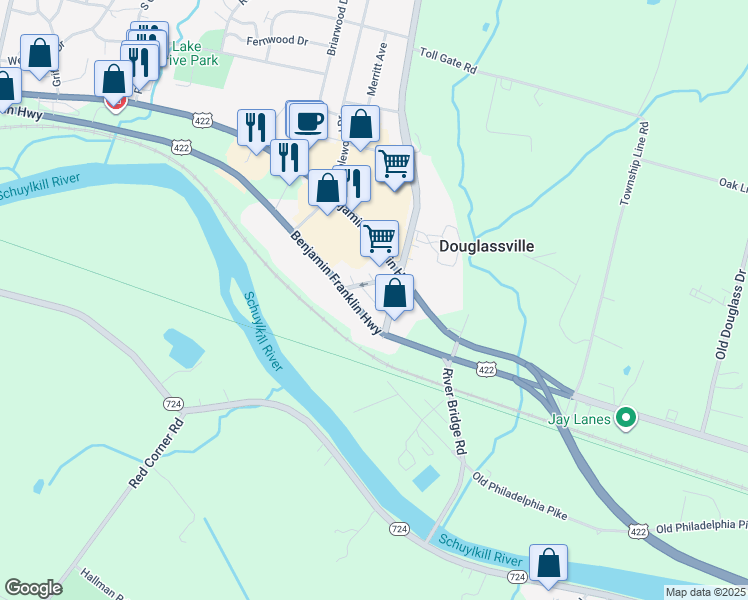 map of restaurants, bars, coffee shops, grocery stores, and more near 16 Old Swede Road in Douglassville