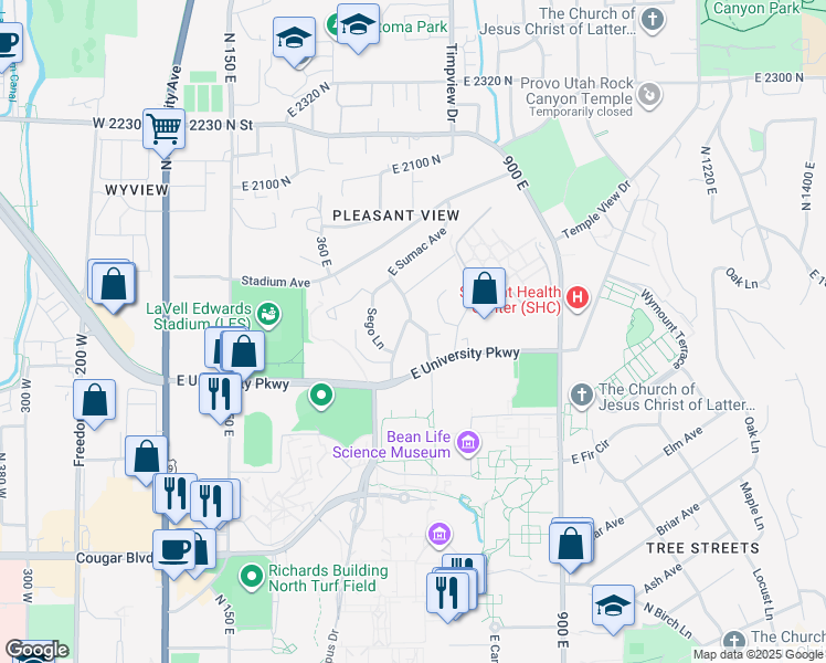 map of restaurants, bars, coffee shops, grocery stores, and more near 1775 500 East in Provo