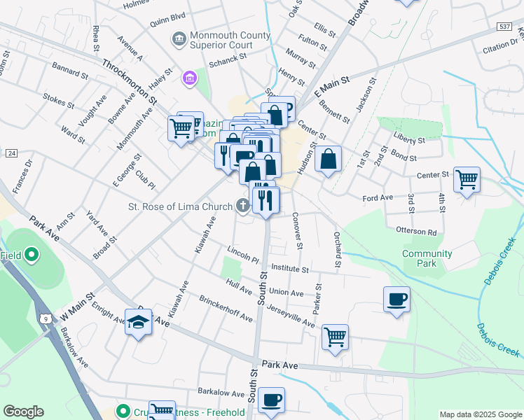 map of restaurants, bars, coffee shops, grocery stores, and more near 71 South Street in Freehold