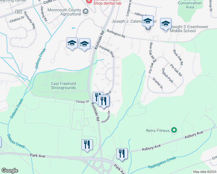 map of restaurants, bars, coffee shops, grocery stores, and more near 11 Longfellow Court in Freehold