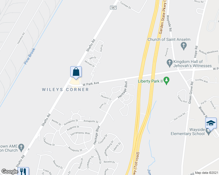 map of restaurants, bars, coffee shops, grocery stores, and more near 55 Madison Court in Tinton Falls