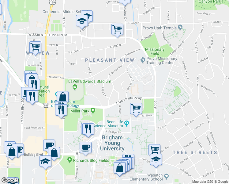 map of restaurants, bars, coffee shops, grocery stores, and more near 1731 North 500 East Street in Provo