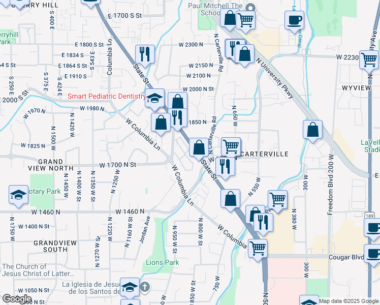 map of restaurants, bars, coffee shops, grocery stores, and more near 1661 Willowbrook Drive in Provo