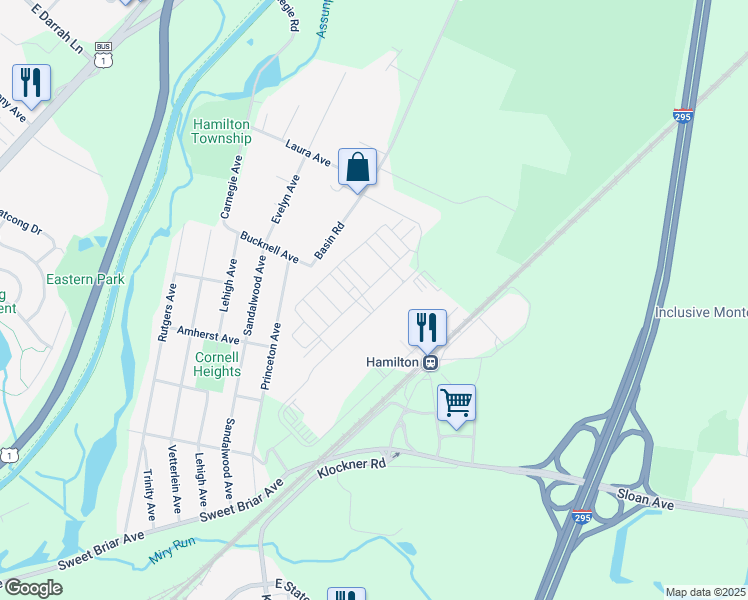 map of restaurants, bars, coffee shops, grocery stores, and more near 1347 Sierra Drive in Trenton