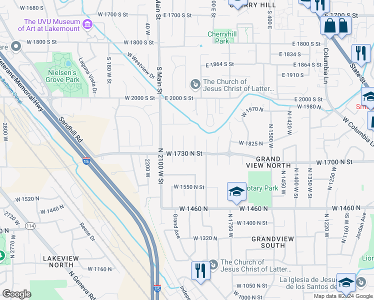 map of restaurants, bars, coffee shops, grocery stores, and more near 1742 North 2000 West in Provo