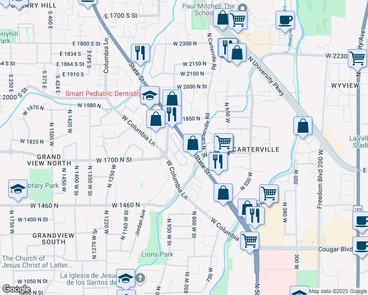 map of restaurants, bars, coffee shops, grocery stores, and more near 1661 Willowbrook Drive in Provo