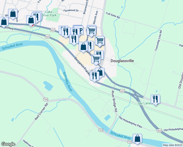 map of restaurants, bars, coffee shops, grocery stores, and more near 1207 Benjamin Franklin Highway in Douglassville