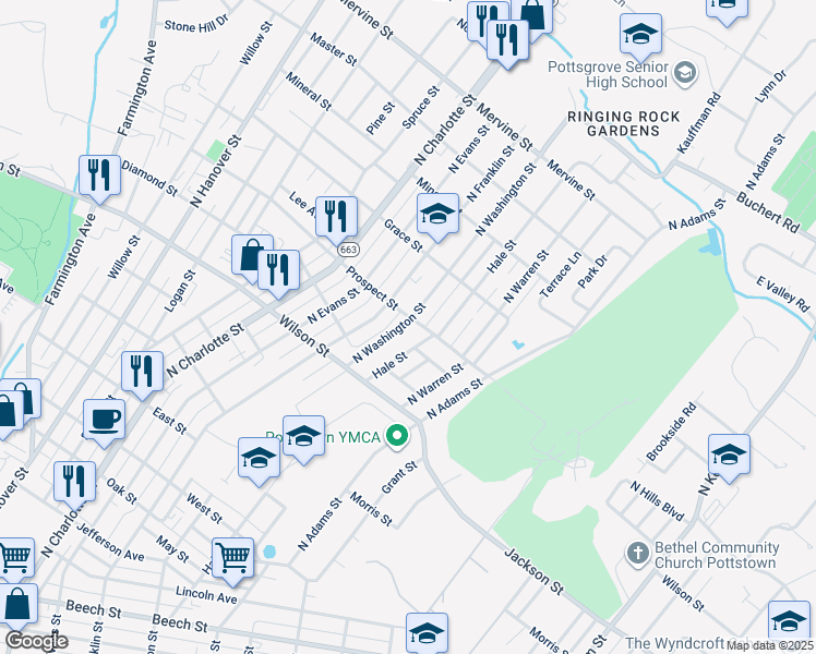 map of restaurants, bars, coffee shops, grocery stores, and more near 892 North Washington Street in Pottstown
