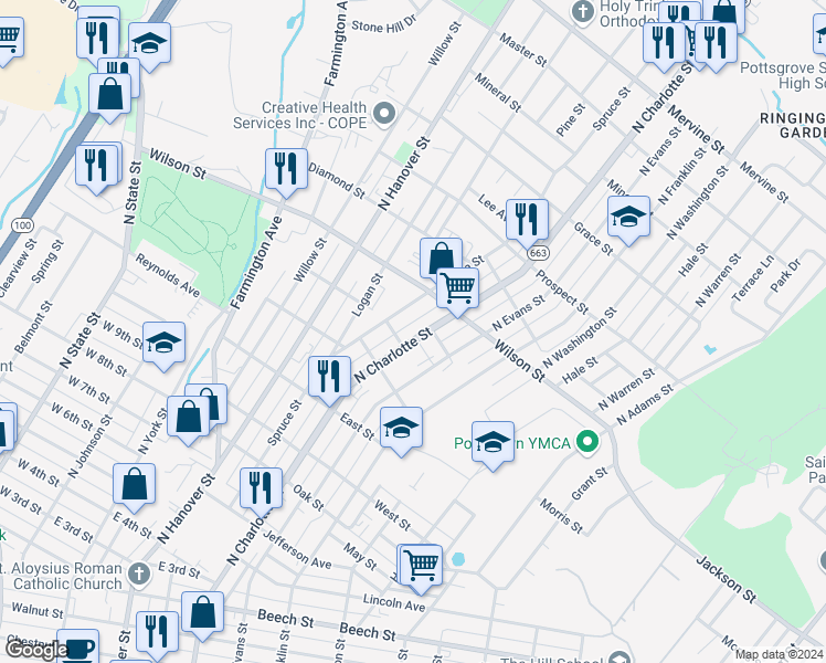 map of restaurants, bars, coffee shops, grocery stores, and more near 749 North Charlotte Street in Pottstown