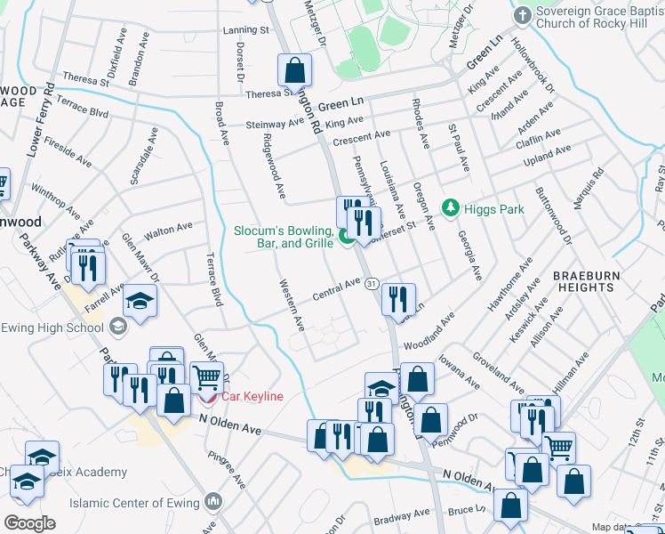 map of restaurants, bars, coffee shops, grocery stores, and more near 110 Florence Avenue in Ewing Township