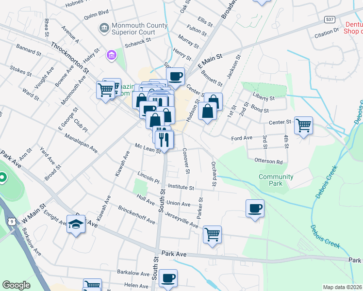 map of restaurants, bars, coffee shops, grocery stores, and more near 15 Marcy Street in Freehold