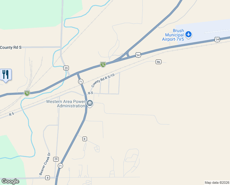 map of restaurants, bars, coffee shops, grocery stores, and more near 17661 County Road 29.6 in Brush