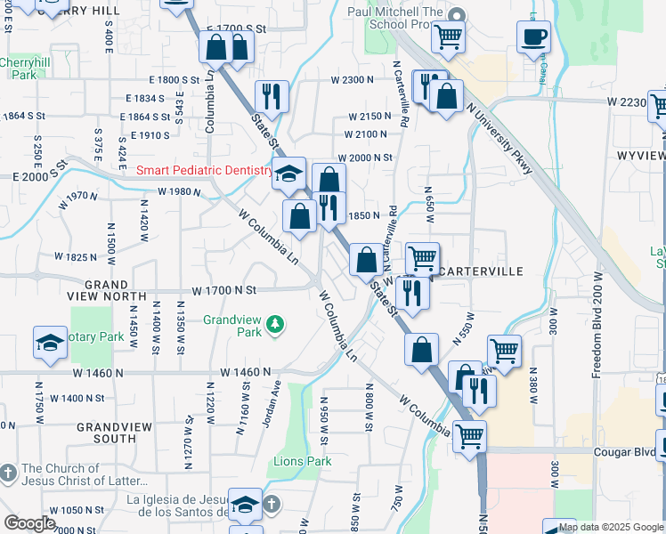 map of restaurants, bars, coffee shops, grocery stores, and more near 1729 Willowbrook Drive in Provo