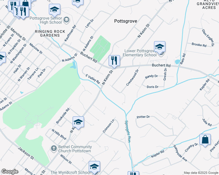 map of restaurants, bars, coffee shops, grocery stores, and more near 1164 Crestwood Drive in Pottstown