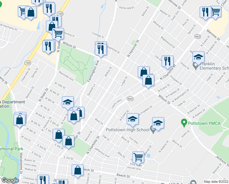 map of restaurants, bars, coffee shops, grocery stores, and more near 647 Logan Street in Pottstown