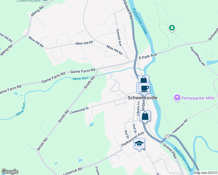 map of restaurants, bars, coffee shops, grocery stores, and more near 45 Pennypacker Drive in Schwenksville