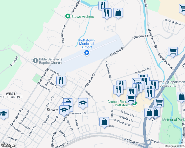 map of restaurants, bars, coffee shops, grocery stores, and more near 1005 Glasgow Street in Stowe