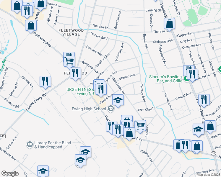map of restaurants, bars, coffee shops, grocery stores, and more near 8 Boone Avenue in Ewing Township